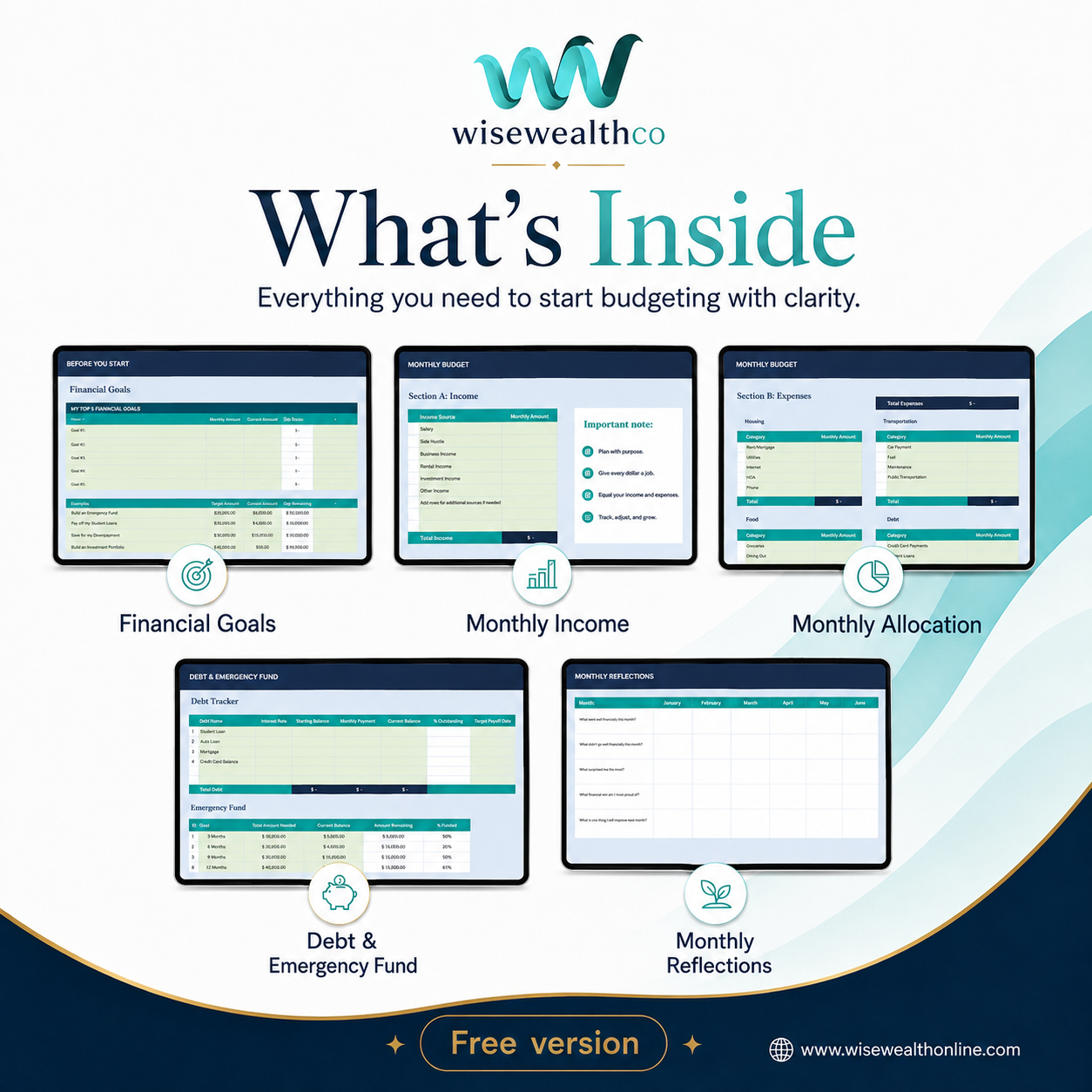 Free Excel Budget Workbook features overview: Financial Goals, Monthly Income, Monthly Allocation, Debt & Emergency Fund, Monthly Reflections.
