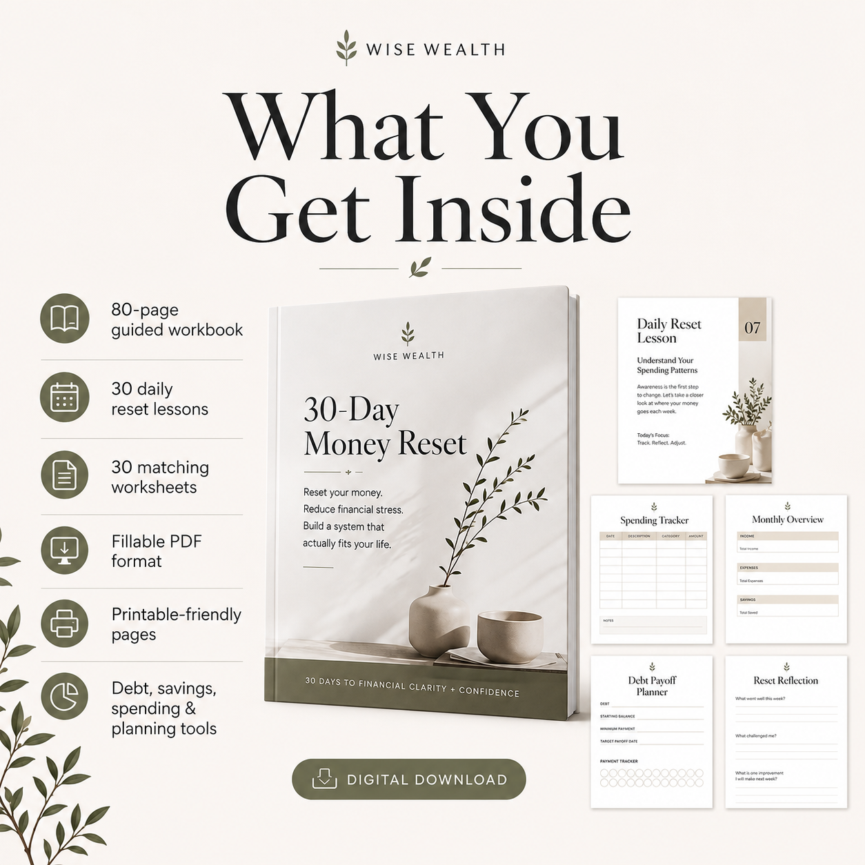 Promotional graphic for a digital download workbook titled 'What You Get Inside' by Wise Wealth include content such as a guided workbook, daily reset lessons, worksheets, printable pages, and debt/savings/planning tools.
What you get inside the 30-Day Money Reset workbook