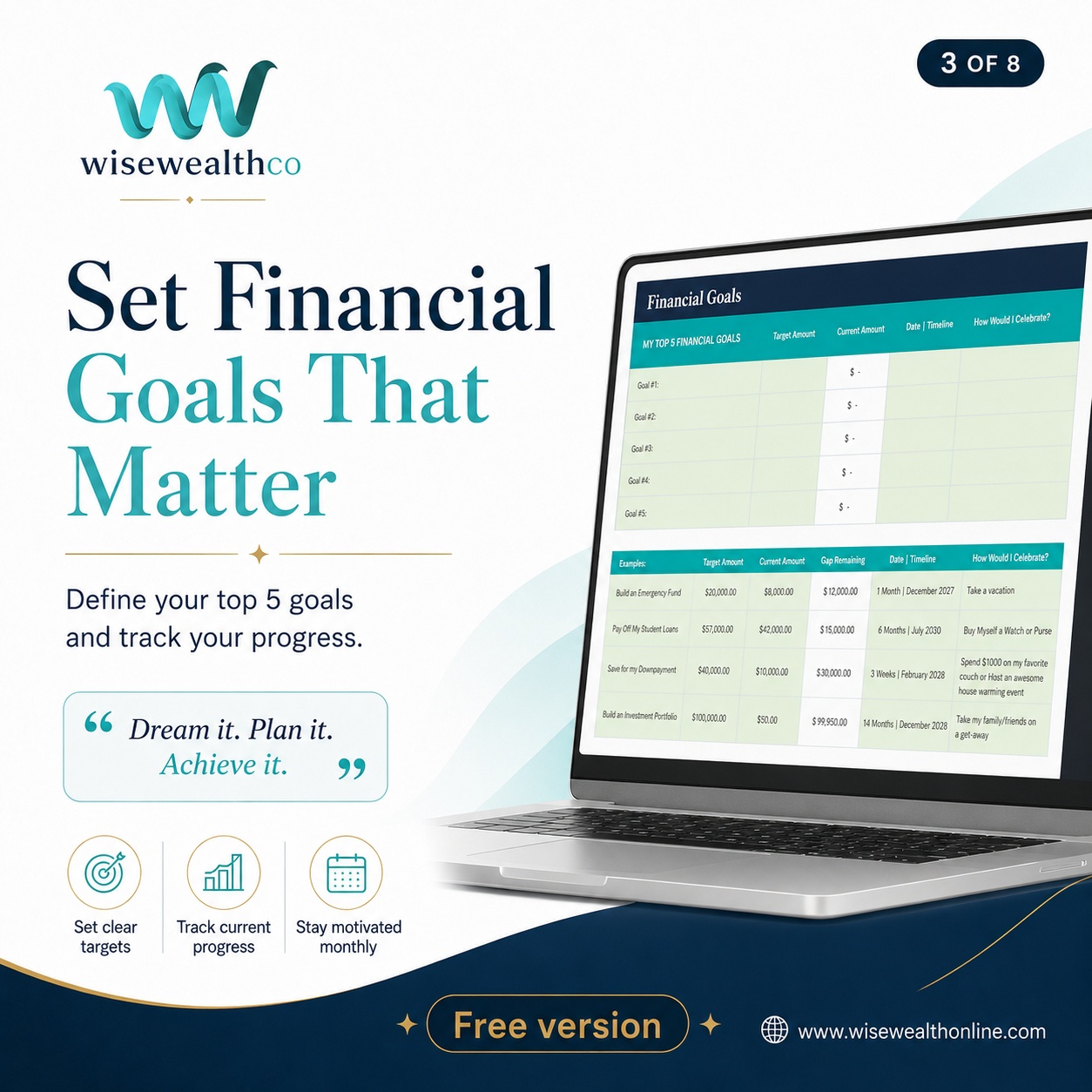 Free Excel Budget Workbook showcasing financial goals tracking in an organized Excel format.