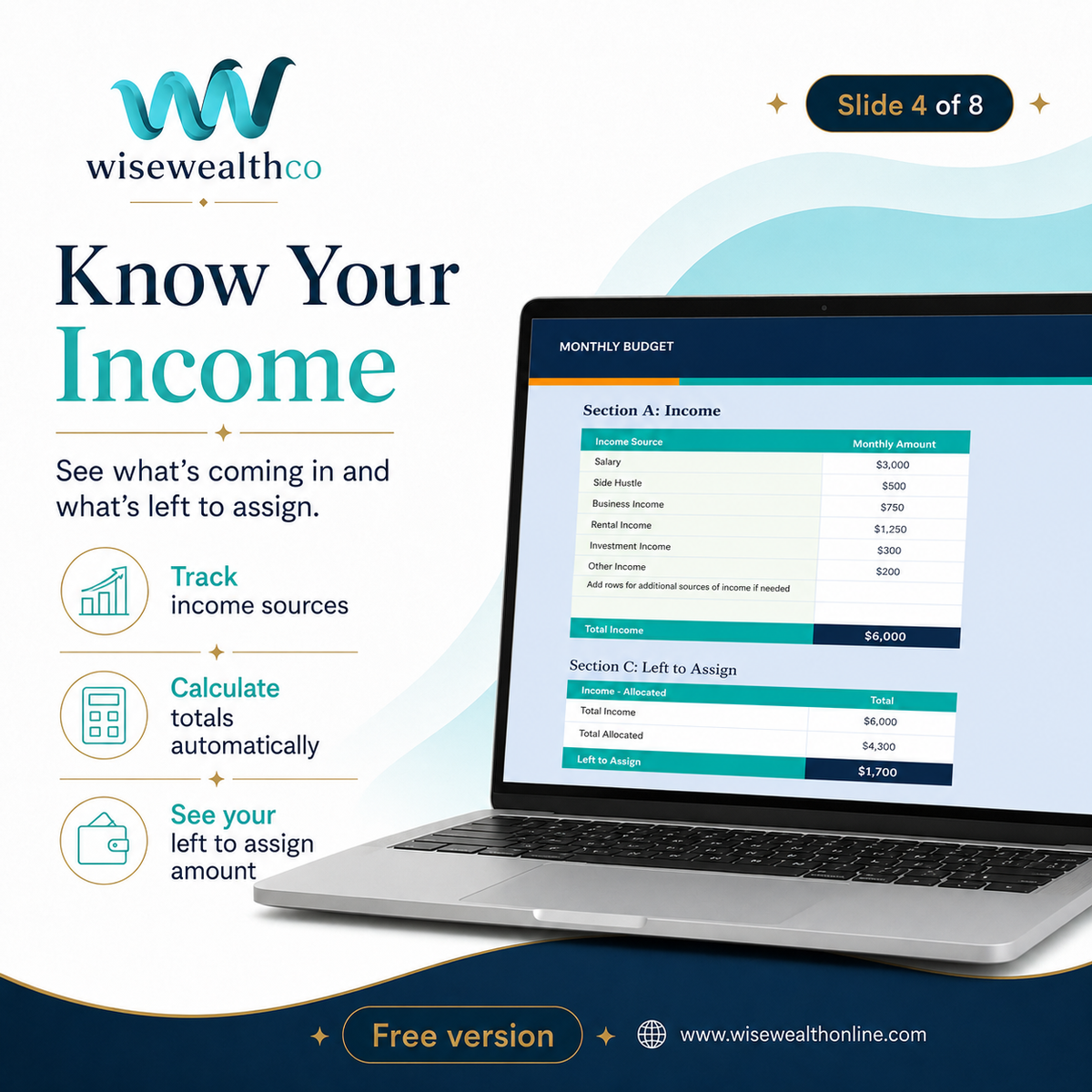 Free Excel Budget Workbook showing monthly income tracking and budgeting features on a laptop screen.