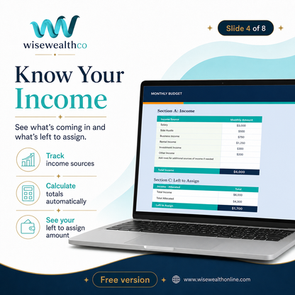 Free Excel Budget Workbook showing monthly income tracking and budgeting features on a laptop screen.