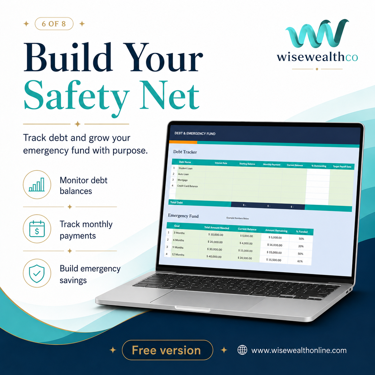 Free Excel Budget Workbook showcasing debt tracker and emergency fund features for financial management.