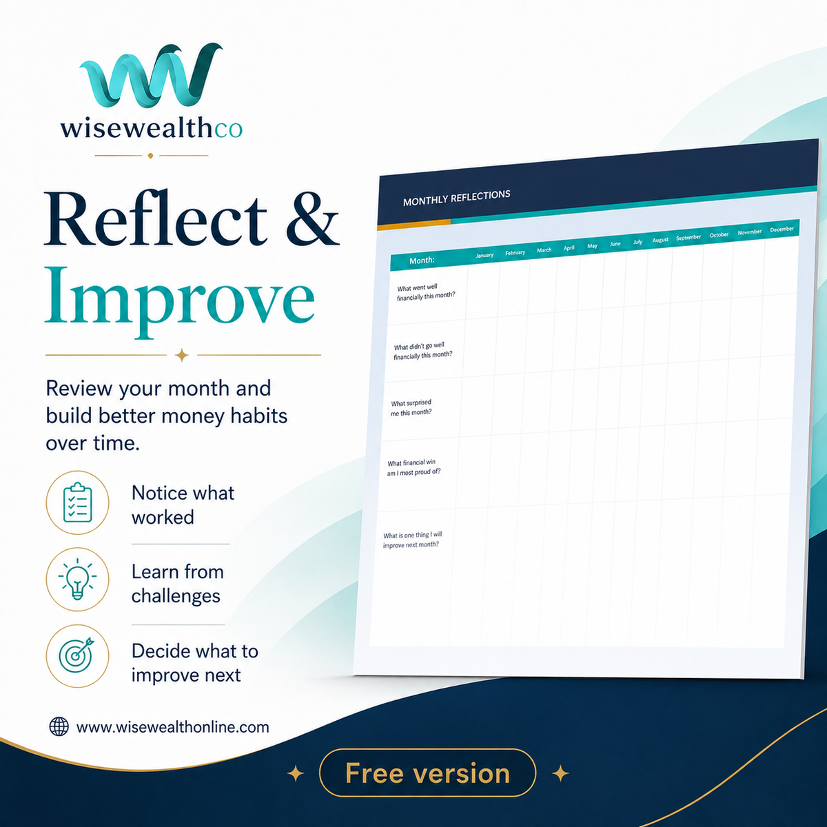 Free Excel Budget Workbook showcasing Reflect & Improve section for monthly financial reviews.