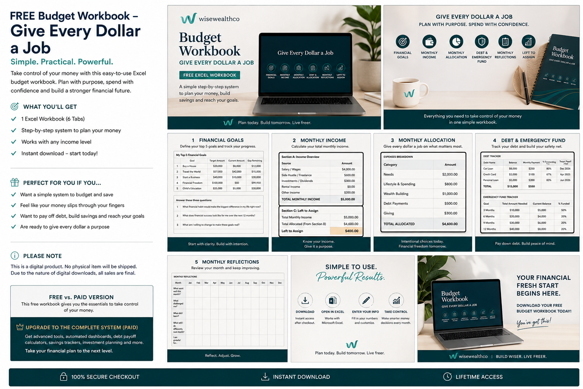 Free Excel Budget Workbook | Wise Wealth overview, features, and budgeting information on a desktop display.