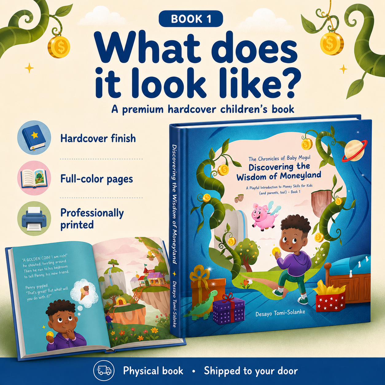 Physical hardcover copy of The Chronicles of Baby Mogul Book 1 with full-color illustrated pages