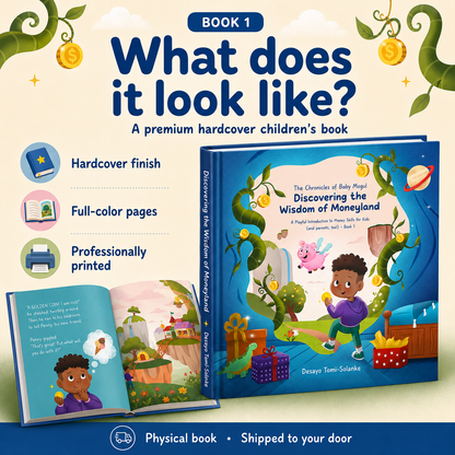 Physical hardcover copy of The Chronicles of Baby Mogul Book 1 with full-color illustrated pages