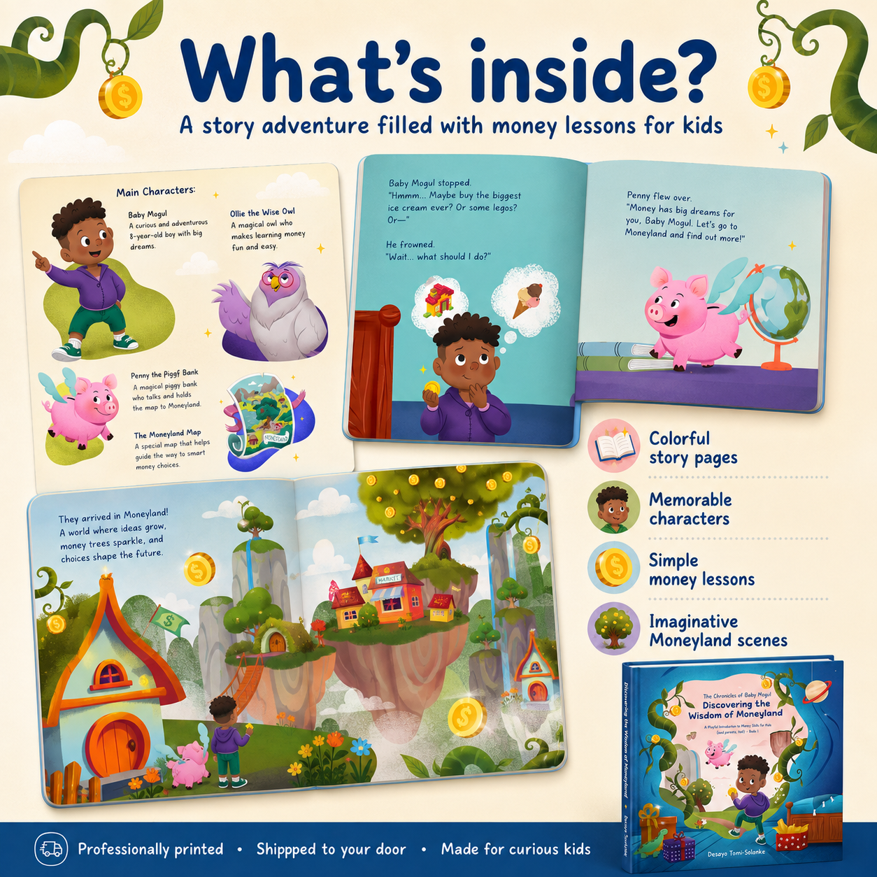 Inside pages of The Chronicles of Baby Mogul Book 1 showing colorful Moneyland story scenes and characters