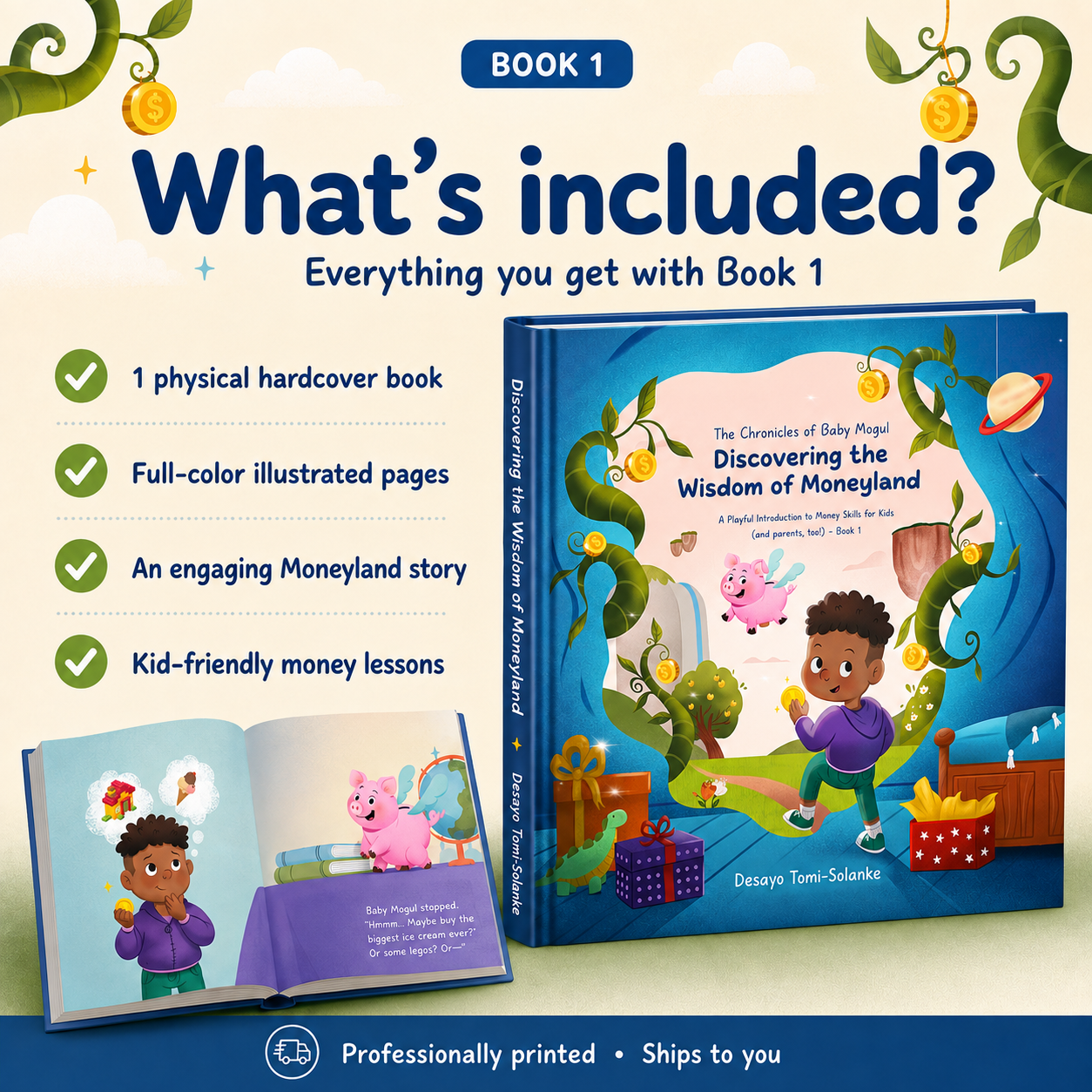 What is included with The Chronicles of Baby Mogul Book 1 hardcover children’s financial literacy book