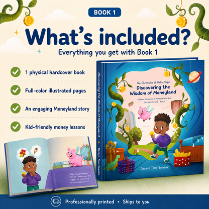 What is included with The Chronicles of Baby Mogul Book 1 hardcover children’s financial literacy book