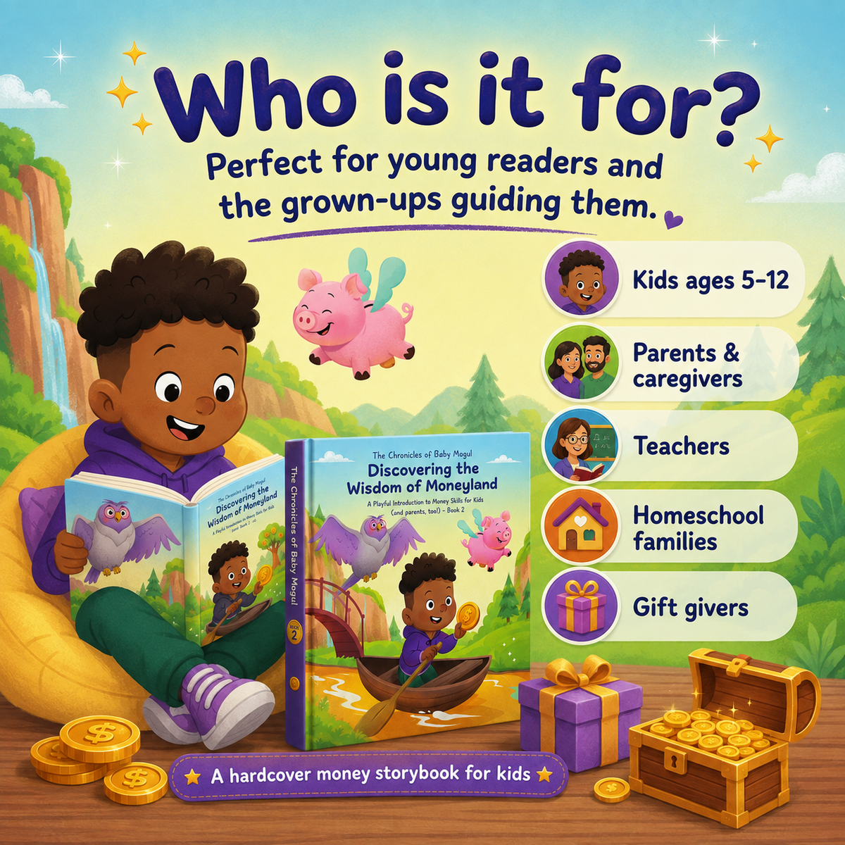 Physical hardcover copy of The Chronicles of Baby Mogul Book 2 with colorful illustrated pages