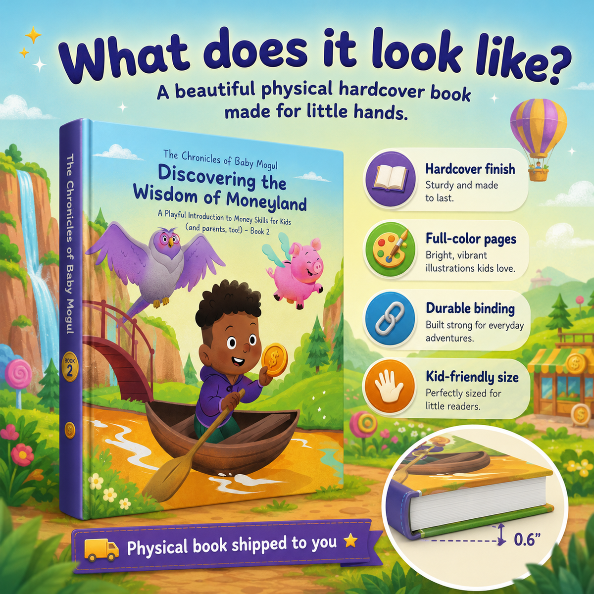Physical hardcover copy of The Chronicles of Baby Mogul Book 2 with colorful illustrated pages