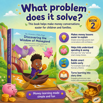 Physical hardcover copy of The Chronicles of Baby Mogul Book 2 with colorful illustrated pages