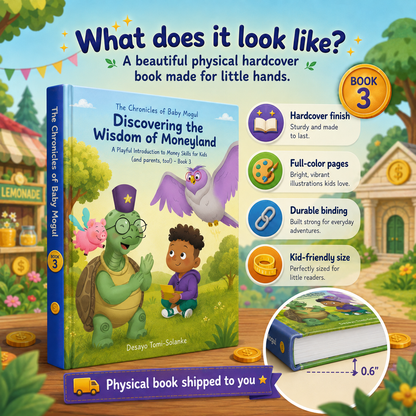 Physical hardcover copy of The Chronicles of Baby Mogul Book 3 with full-color illustrated pages