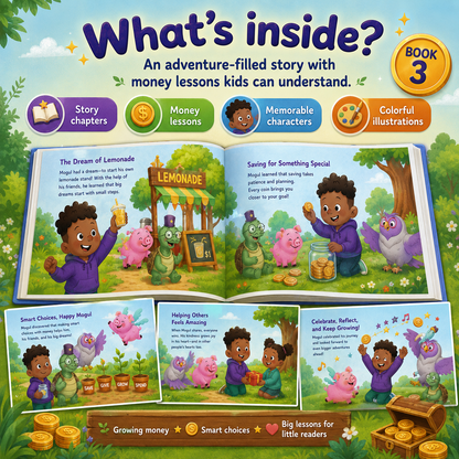 Physical hardcover copy of The Chronicles of Baby Mogul Book 3 with full-color illustrated pages