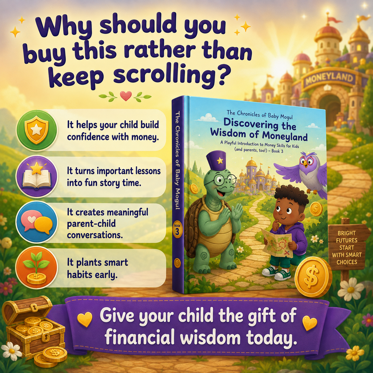 Physical hardcover copy of The Chronicles of Baby Mogul Book 3 with full-color illustrated pages