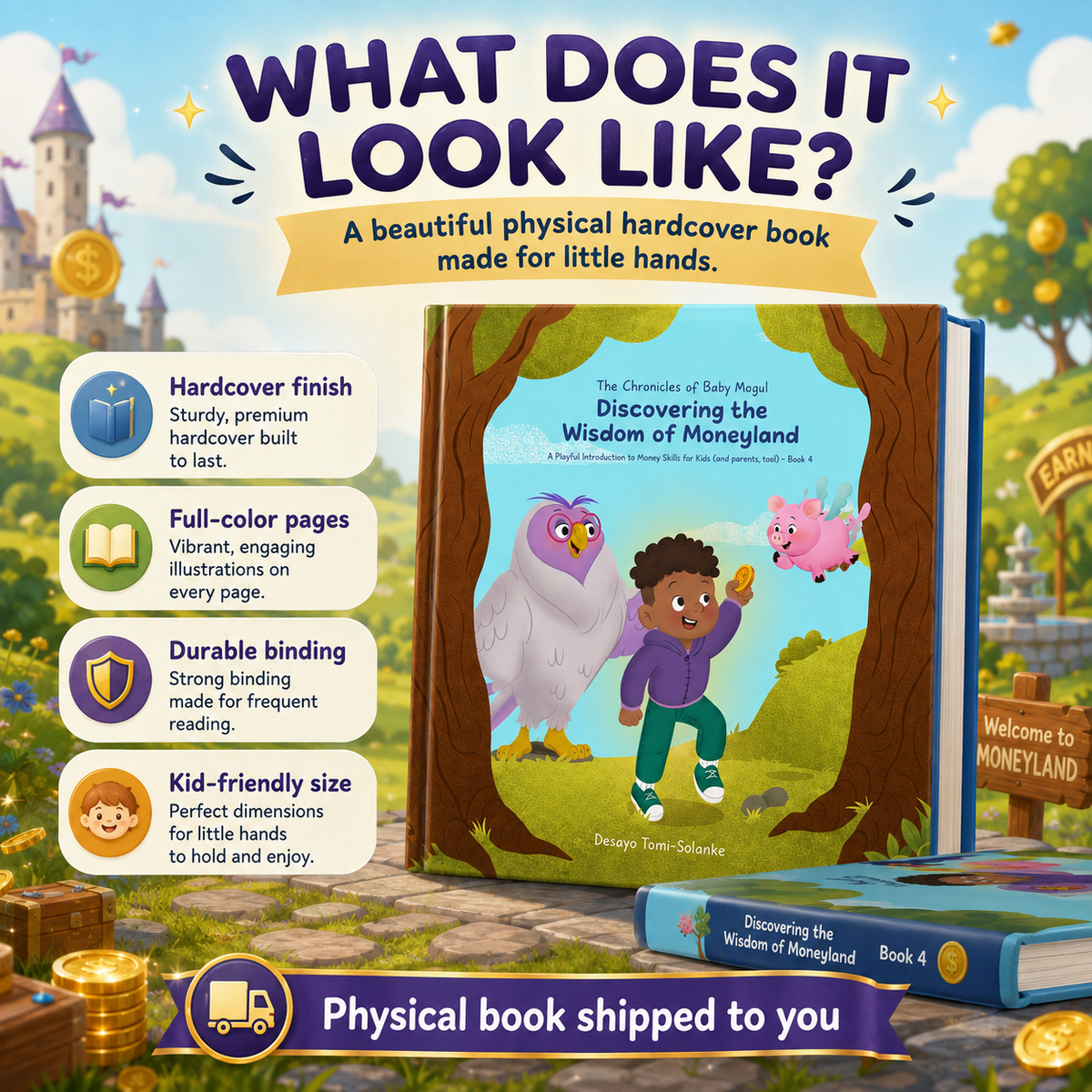 Physical hardcover copy of The Chronicles of Baby Mogul Book 4 with full-color illustrated story pages