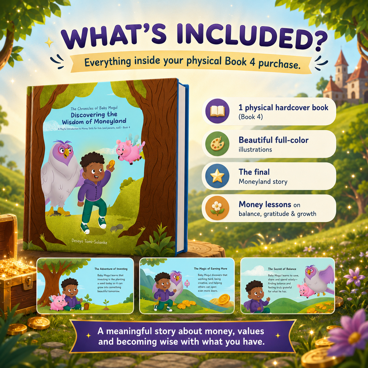 What is included with The Chronicles of Baby Mogul Book 4 physical hardcover children’s financial literacy book