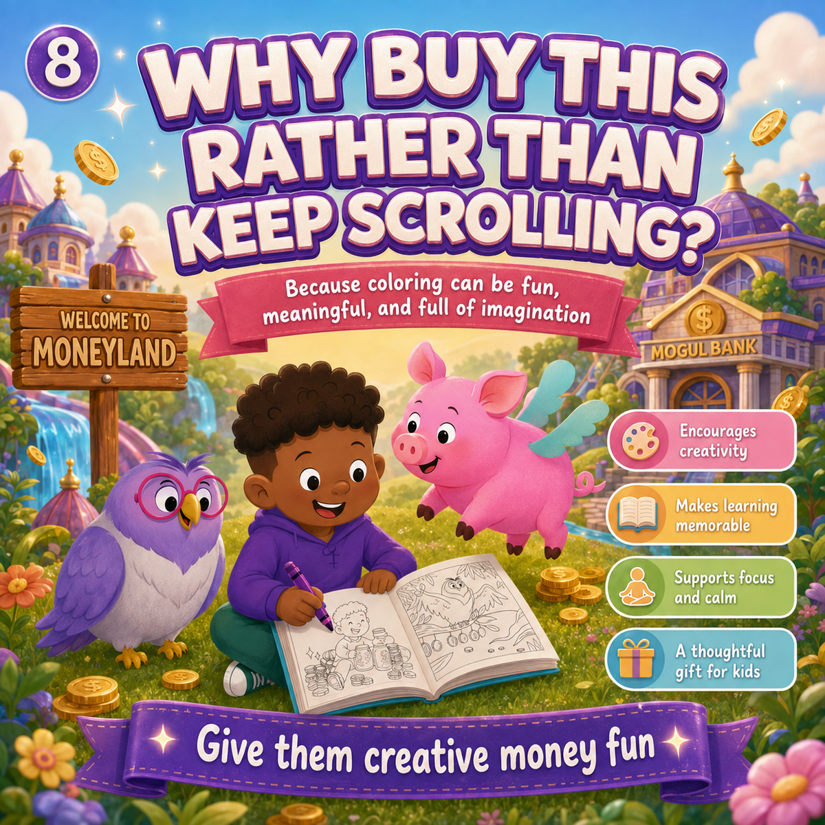 The Chronicles of Baby Mogul Coloring Book 1 physical spiral-bound financial literacy coloring book for kids