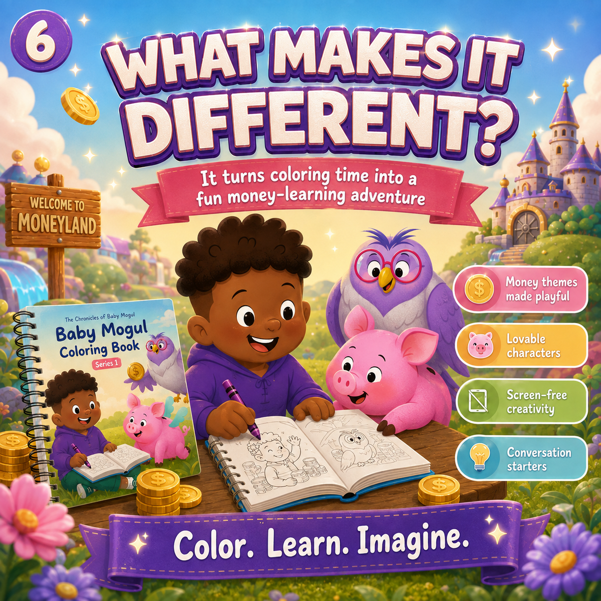 The Chronicles of Baby Mogul Coloring Book 1 physical spiral-bound financial literacy coloring book for kids