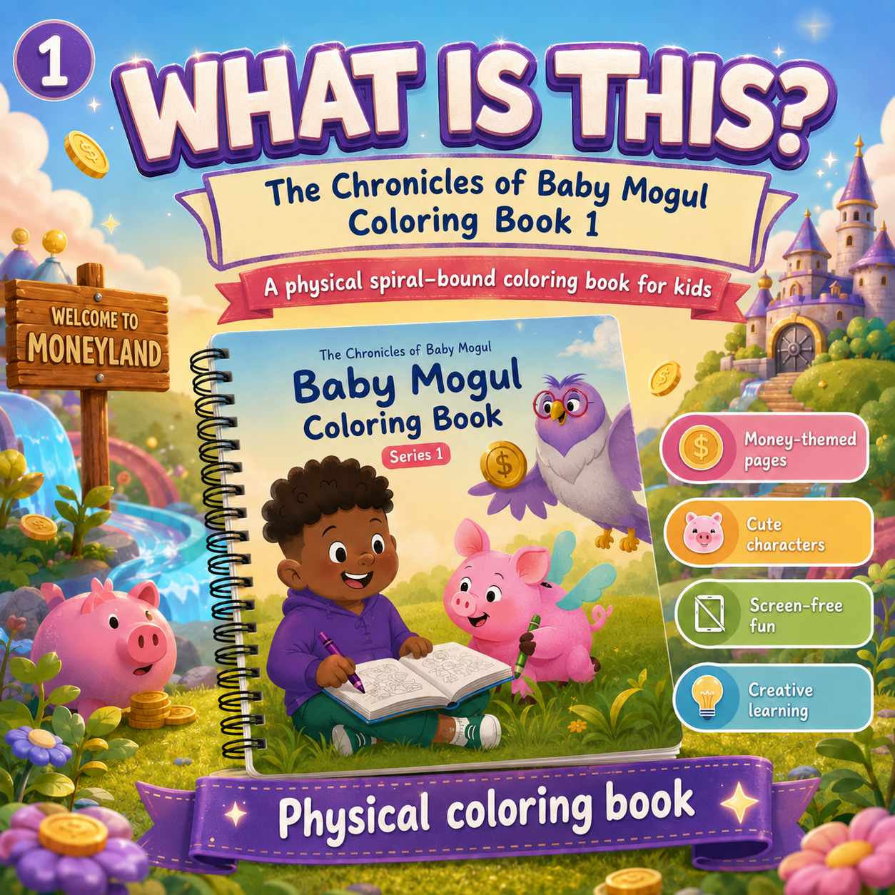 The Chronicles of Baby Mogul Coloring Book 1 physical spiral-bound financial literacy coloring book for kids