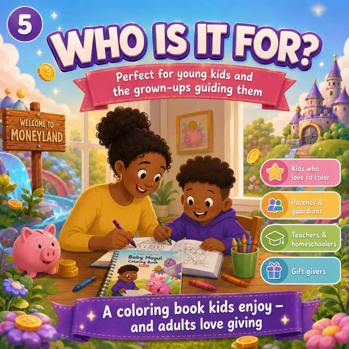 The Chronicles of Baby Mogul Coloring Book 1 physical spiral-bound financial literacy coloring book for kids