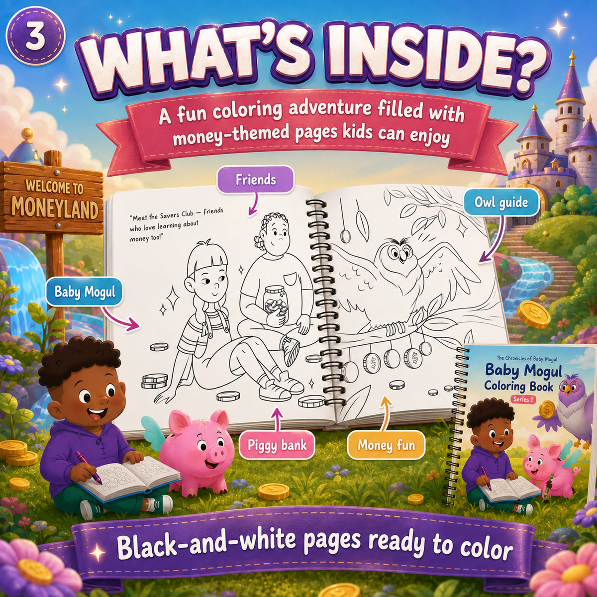 The Chronicles of Baby Mogul Coloring Book 1 physical spiral-bound financial literacy coloring book for kids