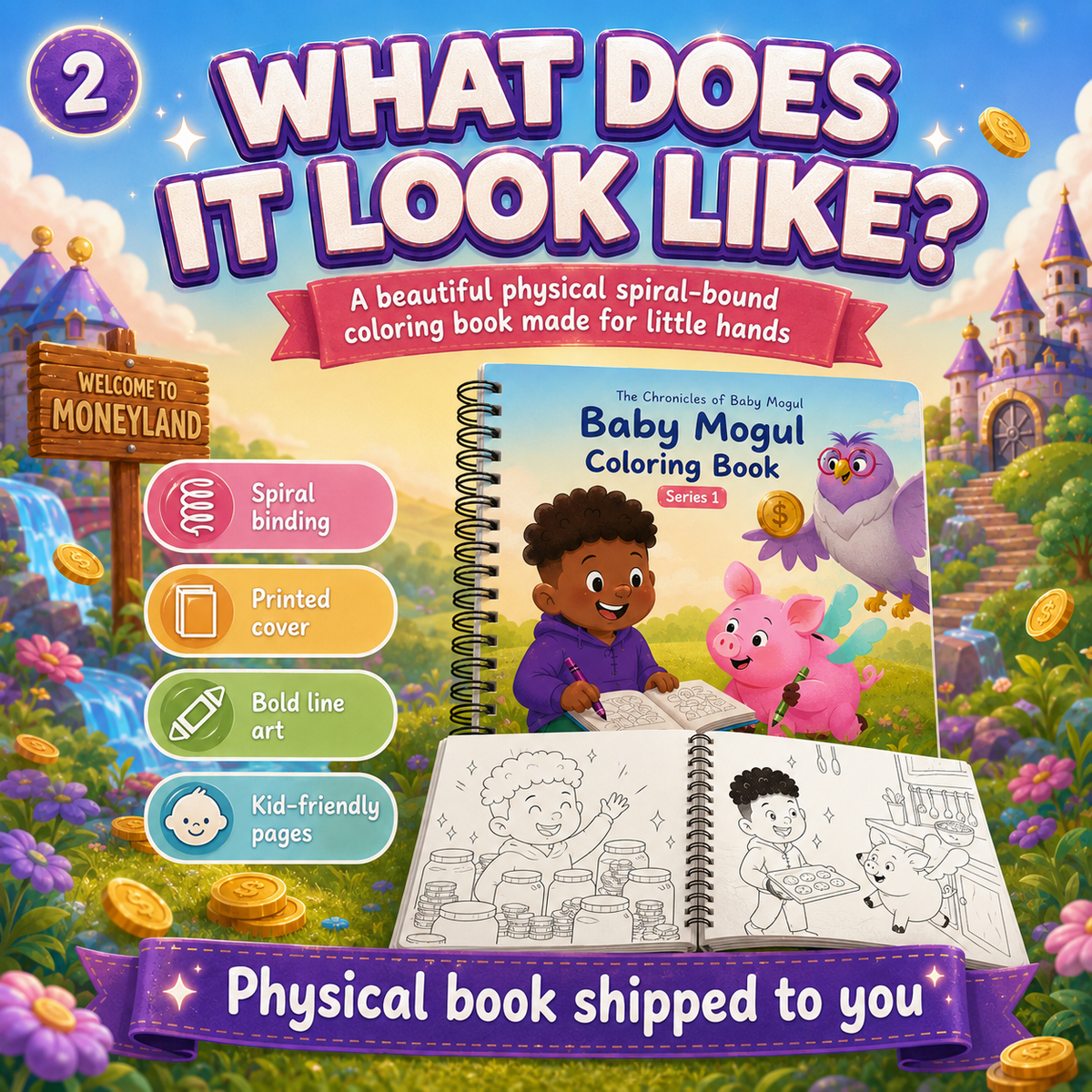 The Chronicles of Baby Mogul Coloring Book 1 physical spiral-bound financial literacy coloring book for kids