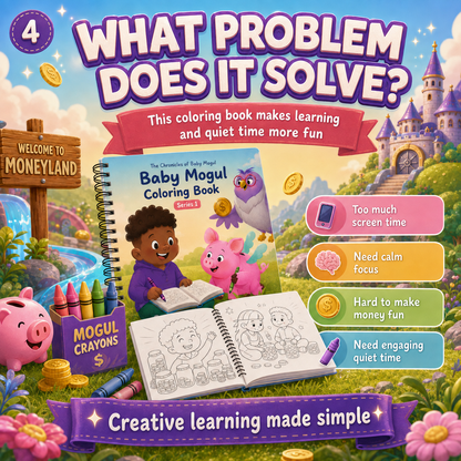 The Chronicles of Baby Mogul Coloring Book 1 physical spiral-bound financial literacy coloring book for kidswhile helping kids explore money concepts