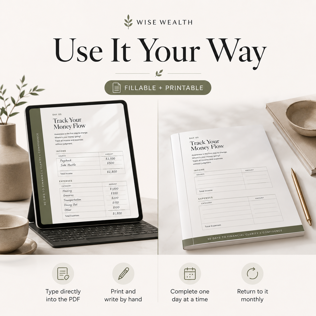 30-Day Money Reset Workbook | Fillable & Printable Budget PDF