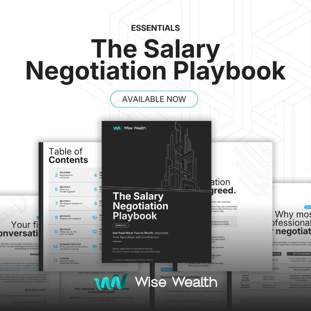 The Salary Negotiation Playbook essentials featuring table of contents and available now by Wise Wealth.